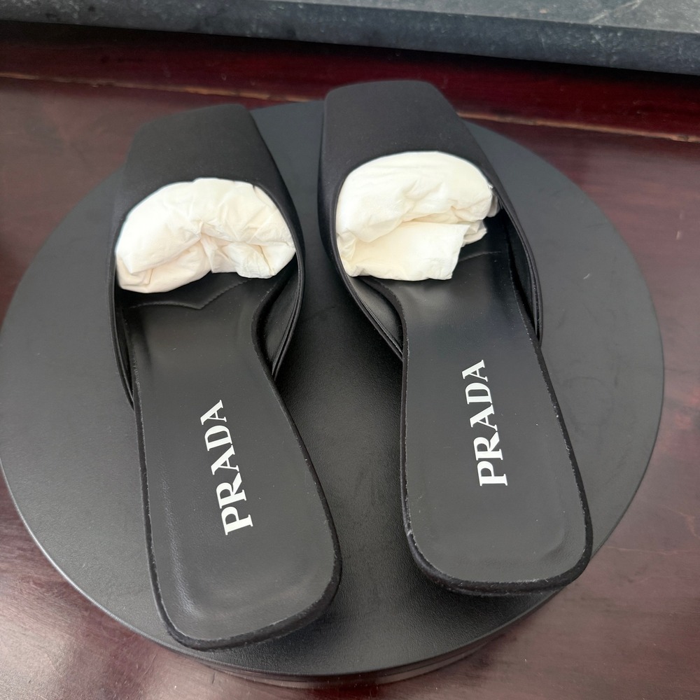 Prada 1I479N Black Satin Square Toe Kitten Heel Mules Sandals Shoes IT 40 - Picture 6 of 13